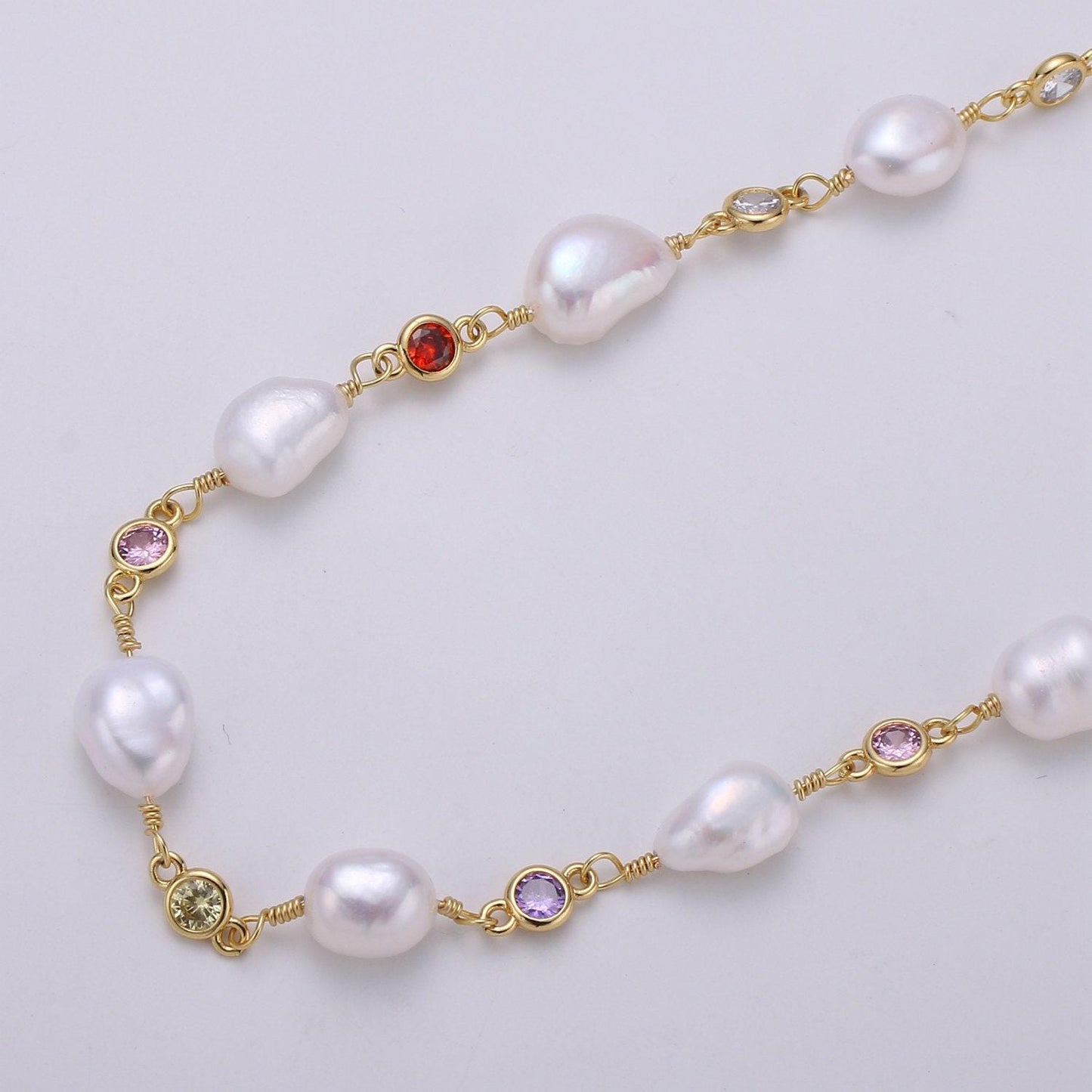 Fresh water pearl large pave charm 24k gold chain by yard, multi color round cubic chain, baroque pearl cz chain, roll-448.456,457