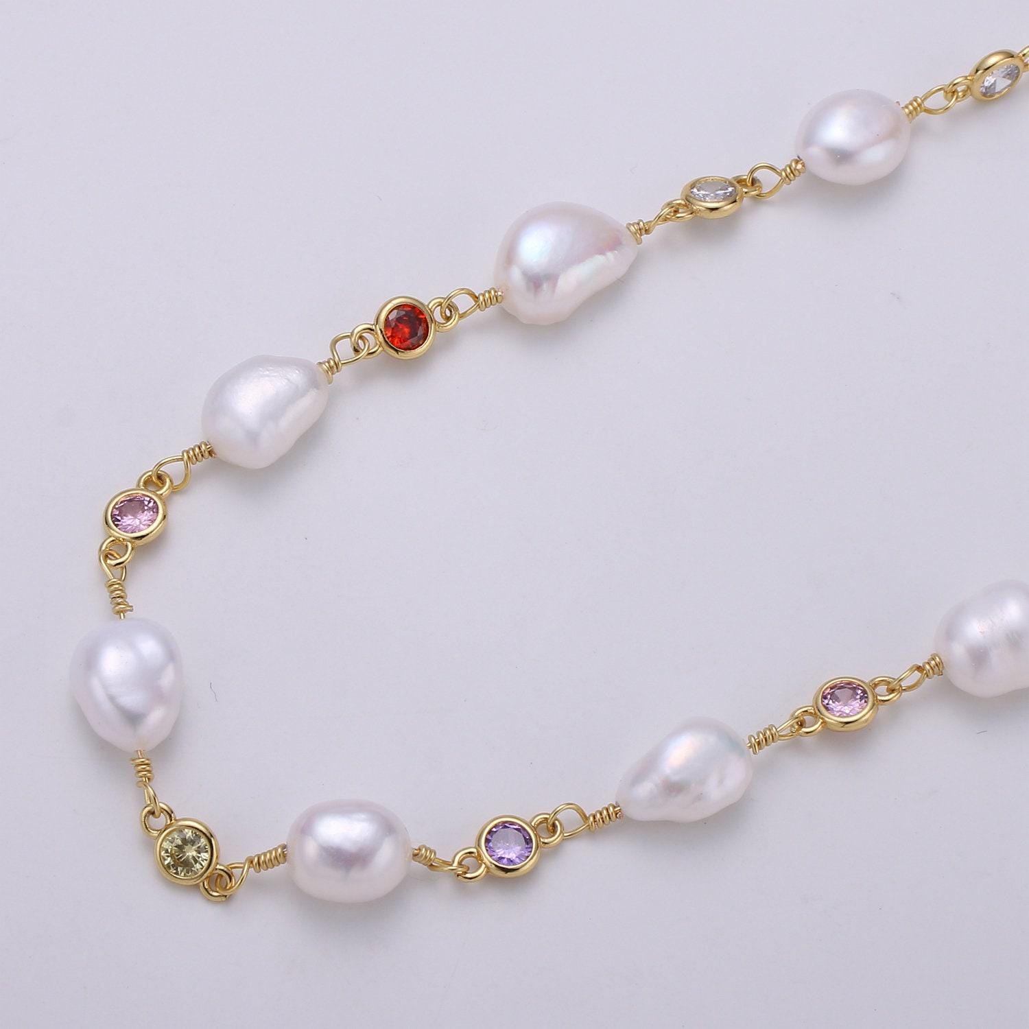 Fresh water pearl large pave charm 24k gold chain by yard, multi color round cubic chain, baroque pearl cz chain, roll-448.456,457