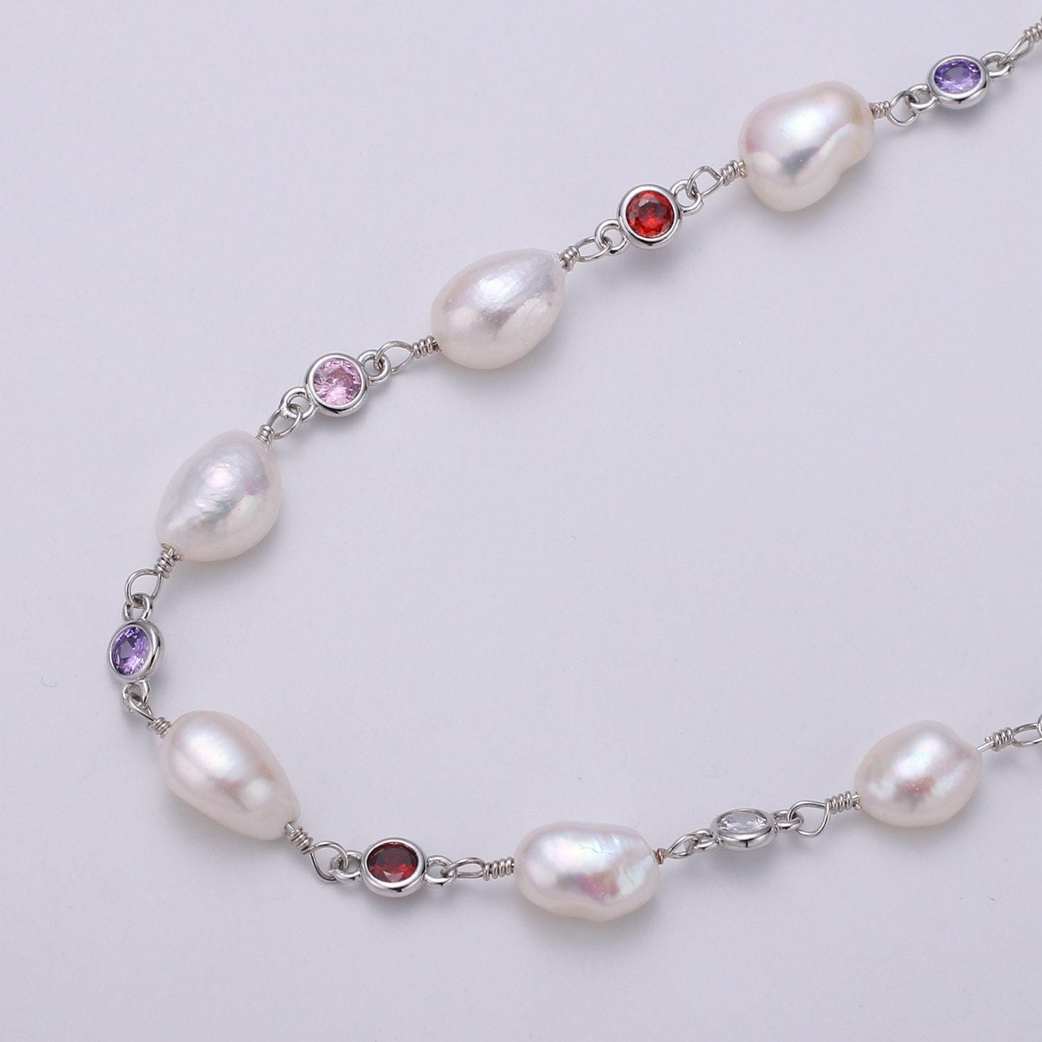 Fresh water pearl large pave charm 24k gold chain by yard, multi color round cubic chain, baroque pearl cz chain, roll-448.456,457