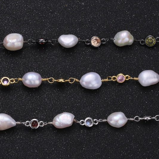 Fresh water pearl micro pave charm 24k gold chain by yard, multi color round cubic chain, baroque pearl cz chain, roll-383.384,385