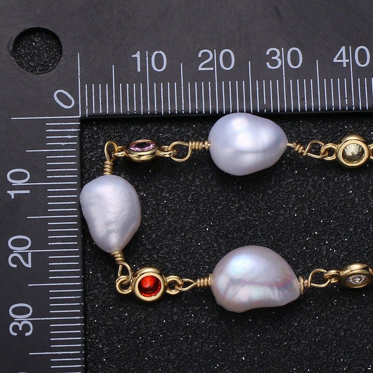 Fresh water pearl micro pave charm 24k gold chain by yard, multi color round cubic chain, baroque pearl cz chain, roll-383.384,385