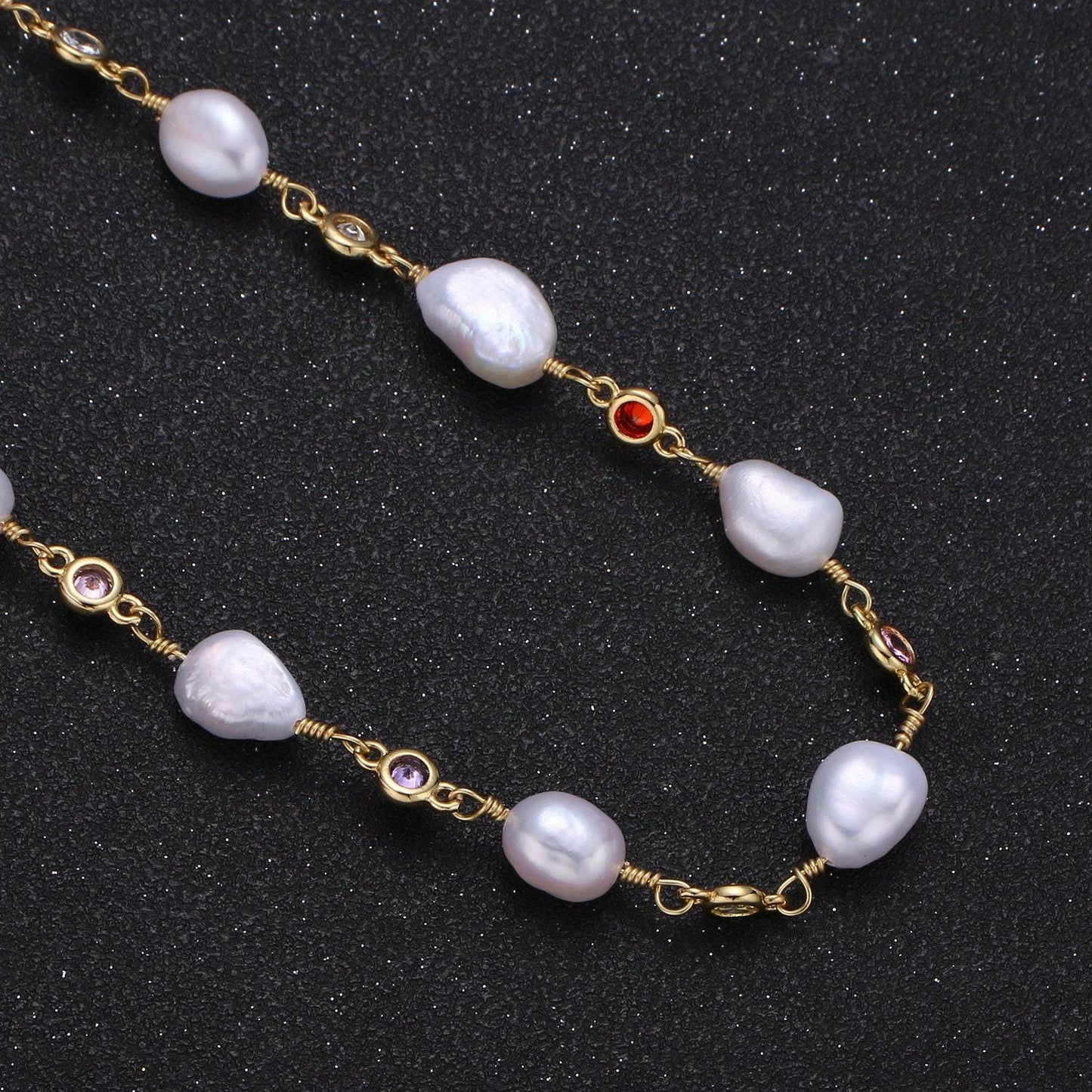 Fresh water pearl micro pave charm 24k gold chain by yard, multi color round cubic chain, baroque pearl cz chain, roll-383.384,385