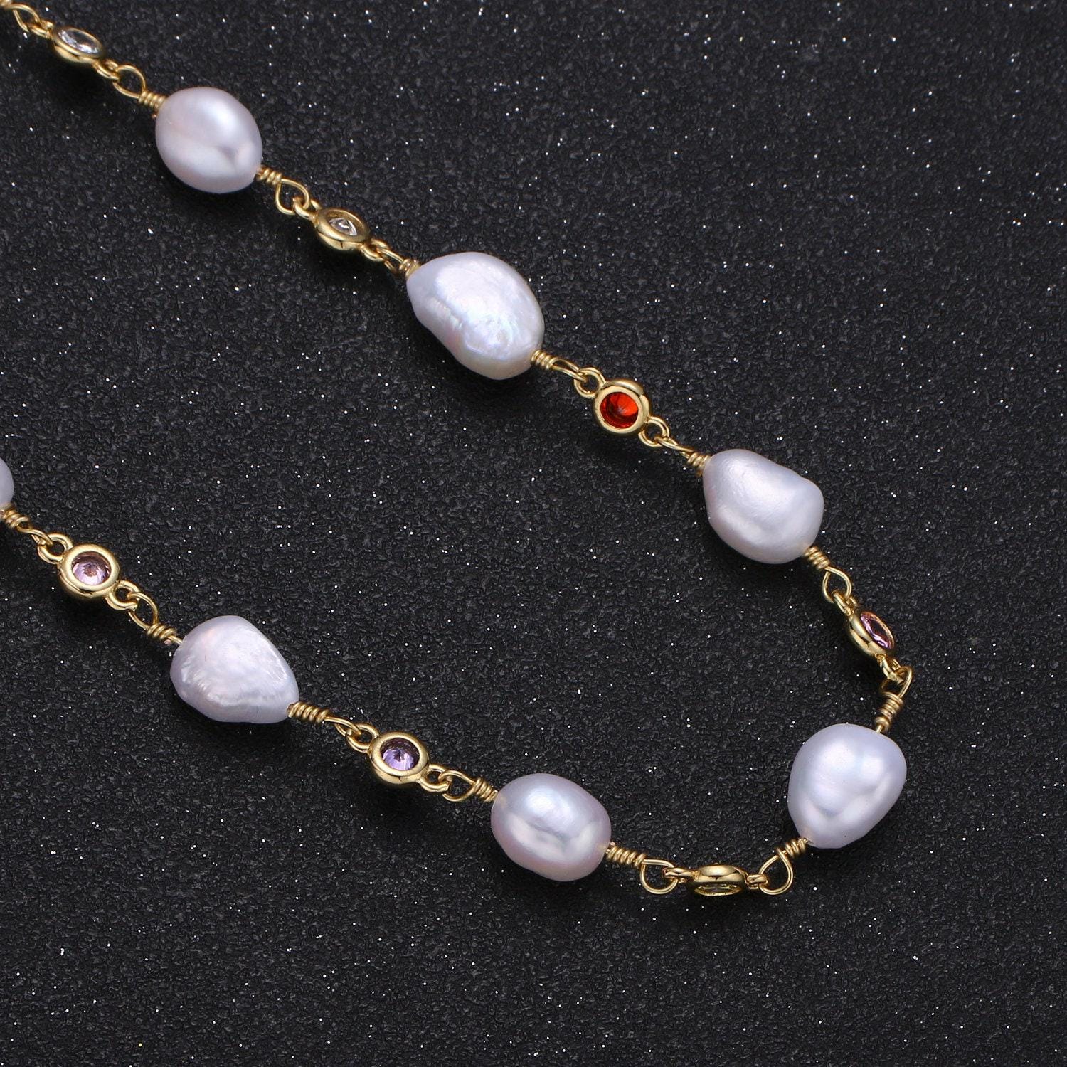 Fresh water pearl micro pave charm 24k gold chain by yard, multi color round cubic chain, baroque pearl cz chain, roll-383.384,385