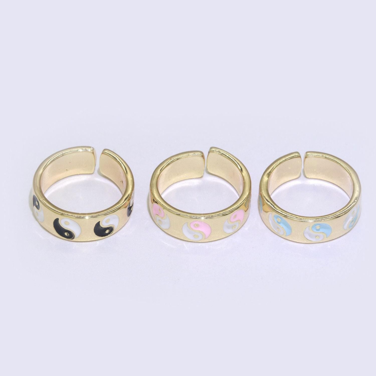 Dainty colorful enamel yin yang adjustable ring, gold yinyang open ring, black pink teal purple white enamel heart jewelry trend