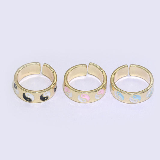Dainty colorful enamel yin yang adjustable ring, gold yinyang open ring, black pink teal purple white enamel heart jewelry trend