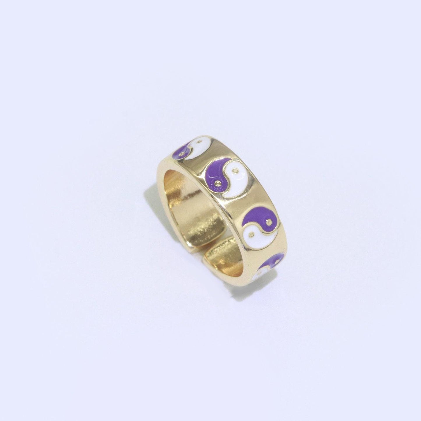 Dainty colorful enamel yin yang adjustable ring, gold yinyang open ring, black pink teal purple white enamel heart jewelry trend