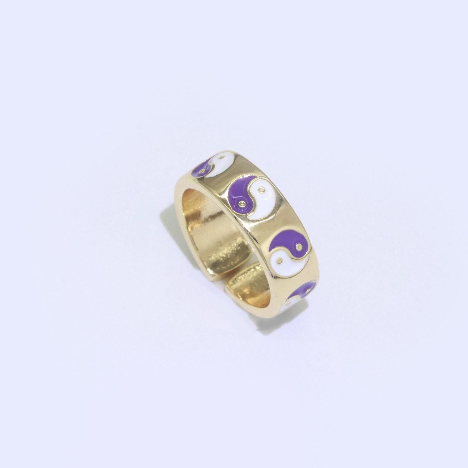 Dainty colorful enamel yin yang adjustable ring, gold yinyang open ring, black pink teal purple white enamel heart jewelry trend