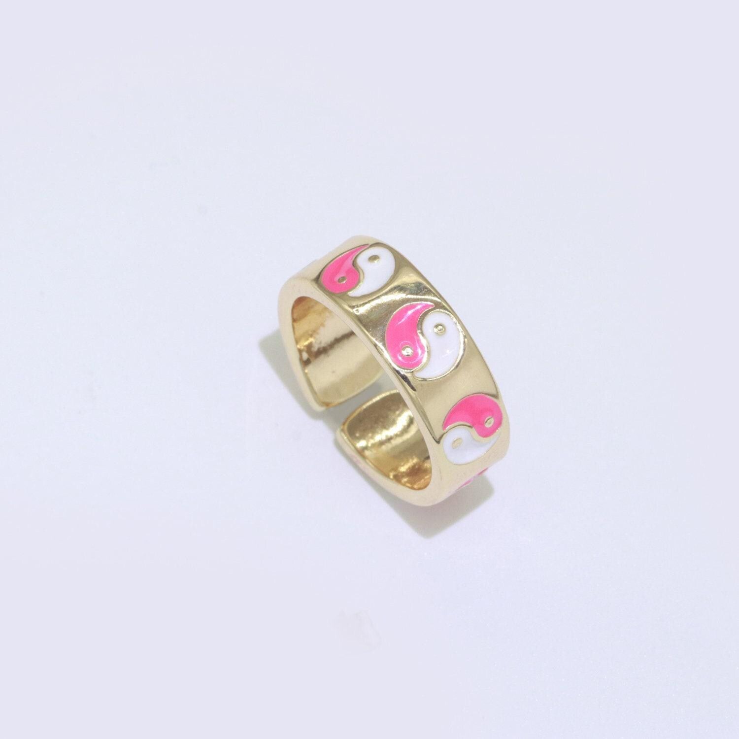 Dainty colorful enamel yin yang adjustable ring, gold yinyang open ring, black pink teal purple white enamel heart jewelry trend