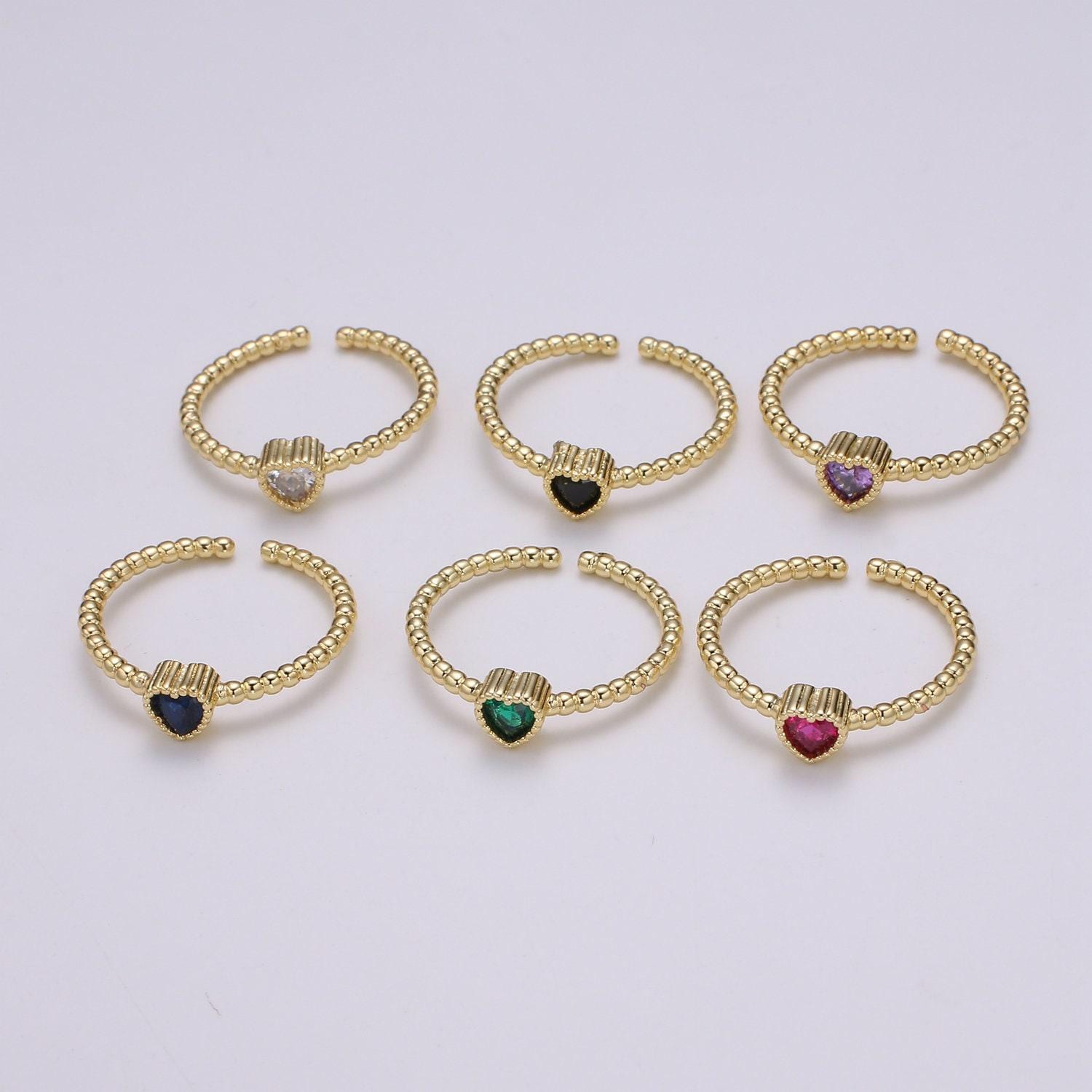 Dainty colorful cz heart adjustable ring, gold love open ring, black blue clear fuschia green purple heart jewelry trend ring-364