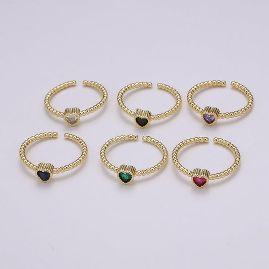 Dainty colorful cz heart adjustable ring, gold love open ring, black blue clear fuschia green purple heart jewelry trend ring-364