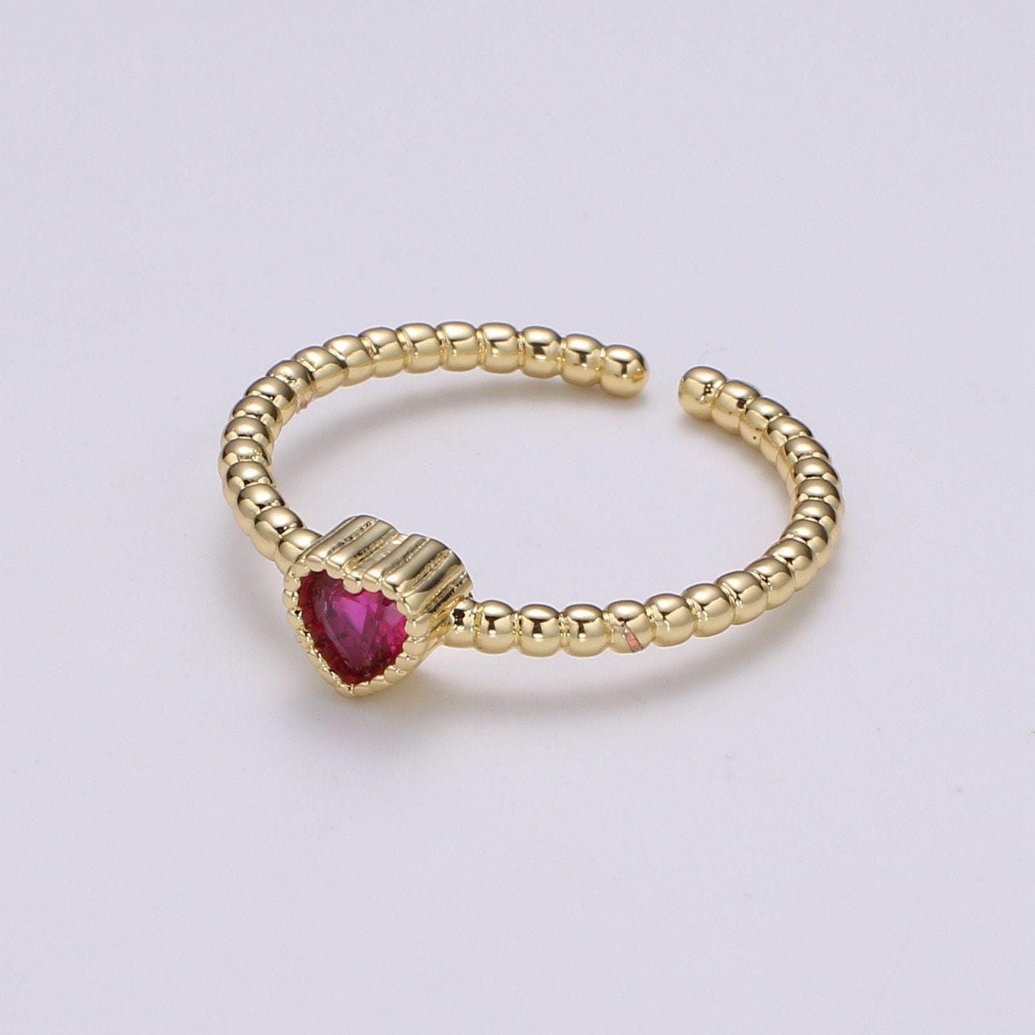Dainty colorful cz heart adjustable ring, gold love open ring, black blue clear fuschia green purple heart jewelry trend ring-364