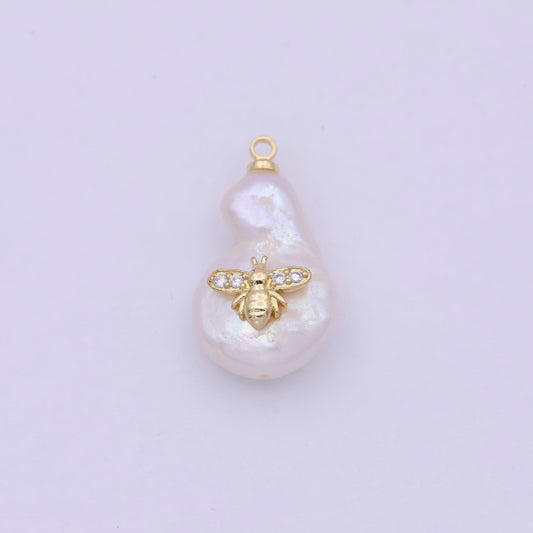 1 pc gold filled micro pave bee on pear freeform pearl charm for necklace bracelet earring pendant jewelry supply | p-1827