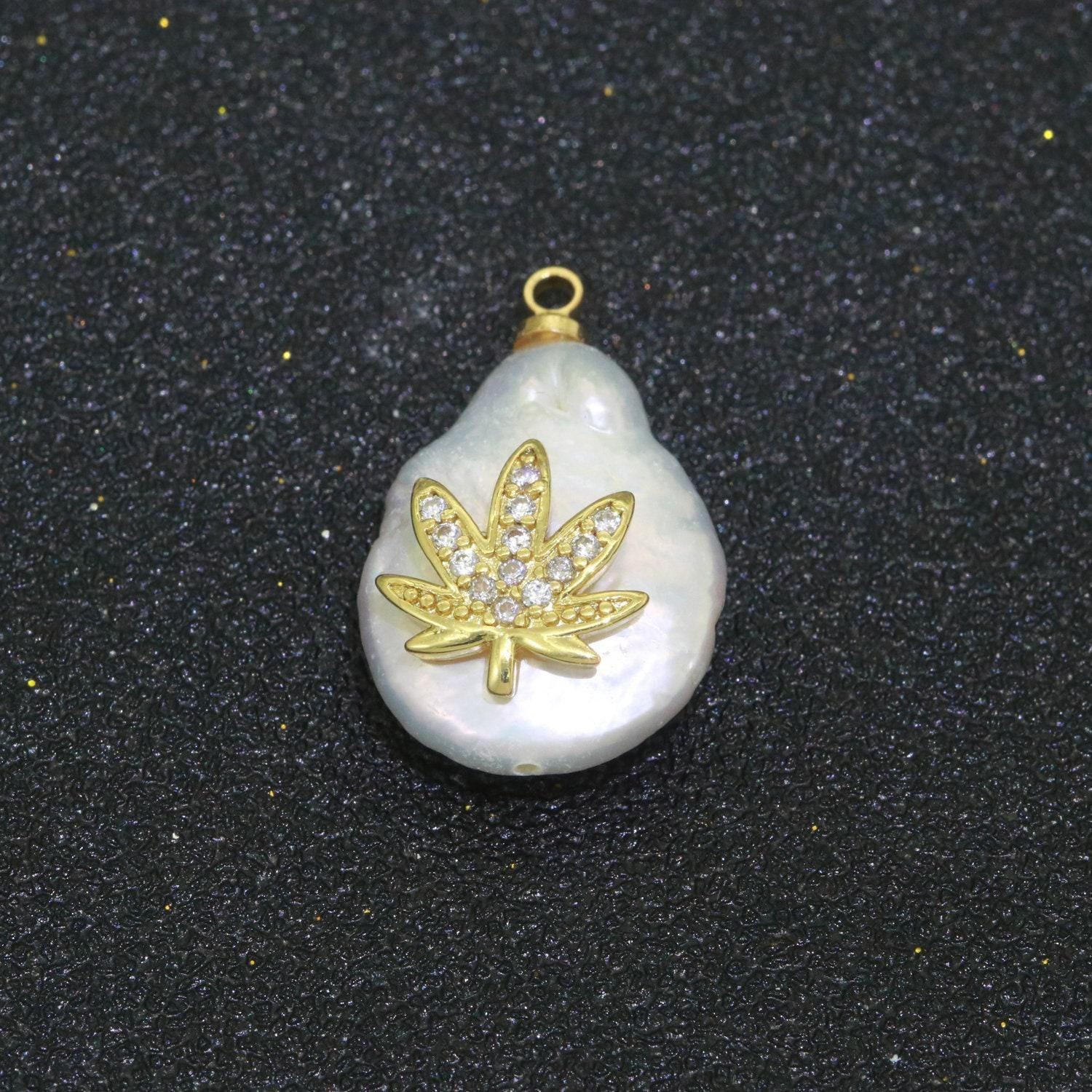 1 pc gold filled micro pave weed on pear freeform pearl charm for necklace bracelet earring pendant jewelry supply | p-1824