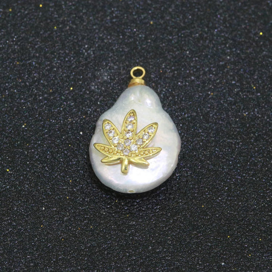 1 pc gold filled micro pave weed on pear freeform pearl charm for necklace bracelet earring pendant jewelry supply | p-1824