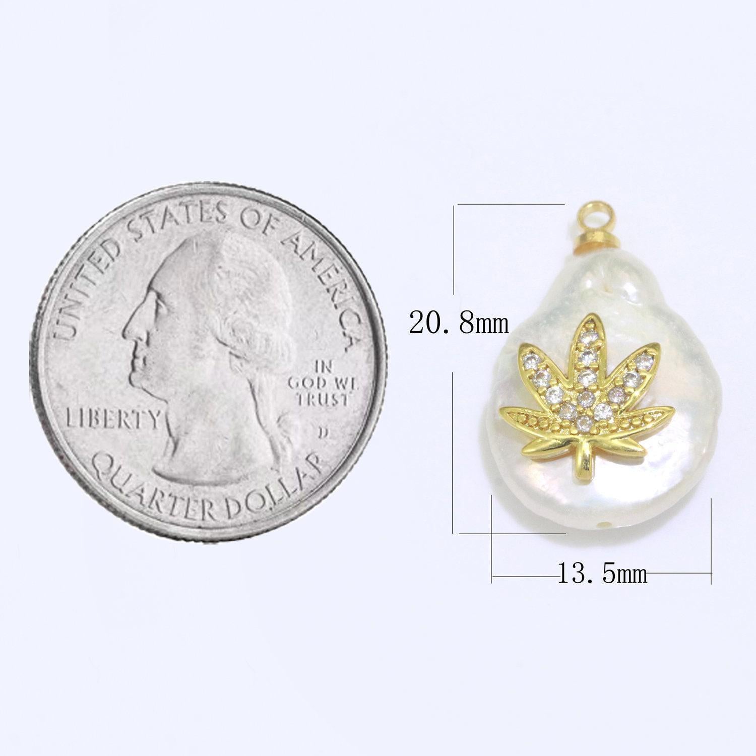 1 pc gold filled micro pave weed on pear freeform pearl charm for necklace bracelet earring pendant jewelry supply | p-1824