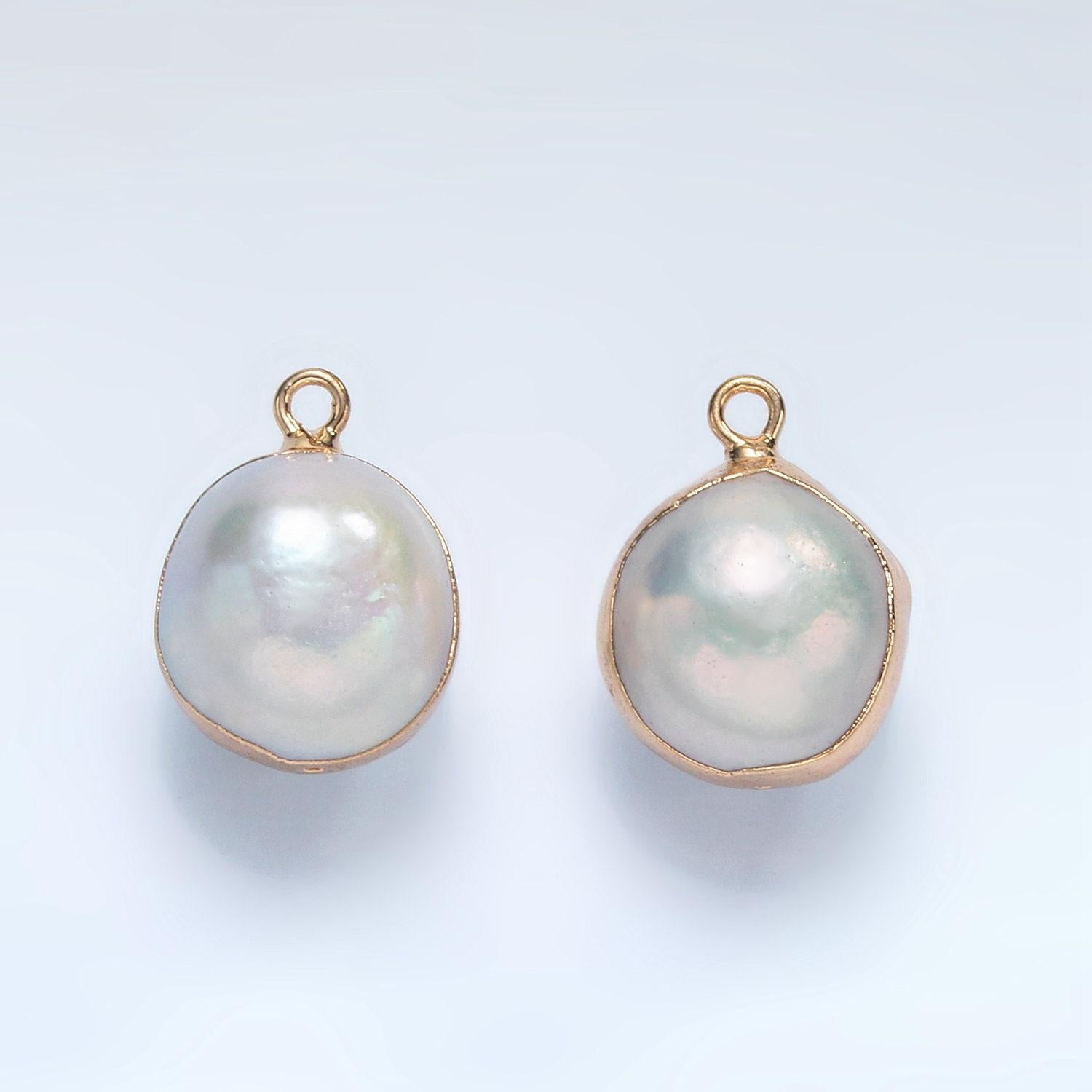 1x natural fresh water pearl with gold plated edge natural round ball pendant white pearl charm for bridal wedding jewelry minimalist p1757