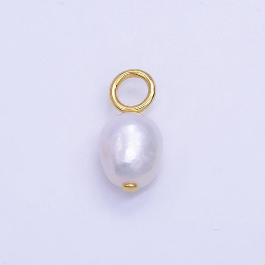 Dainty white pearl gold charm 9mm pearl june birthstone necklace charm, earring dangle charms, pearl drops diy jewelry supplies p-11755