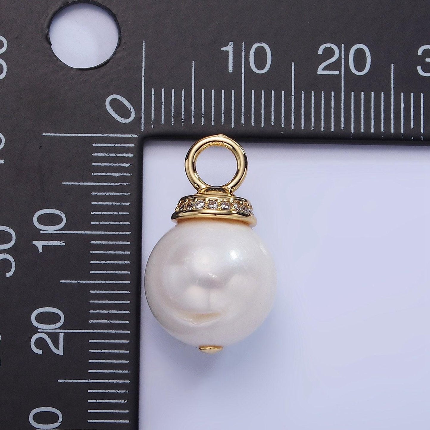 14k gold filled 12.8mm white freshwater pearl button drop micro paved cz pendant | p1710