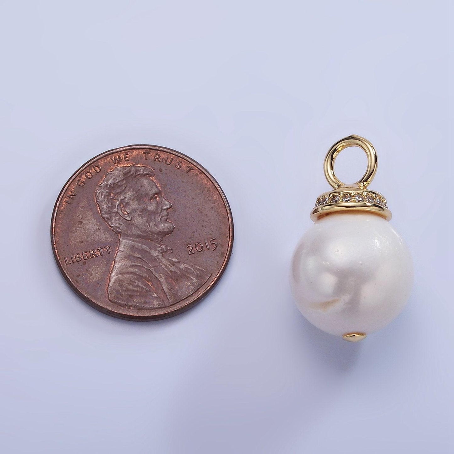 14k gold filled 12.8mm white freshwater pearl button drop micro paved cz pendant | p1710