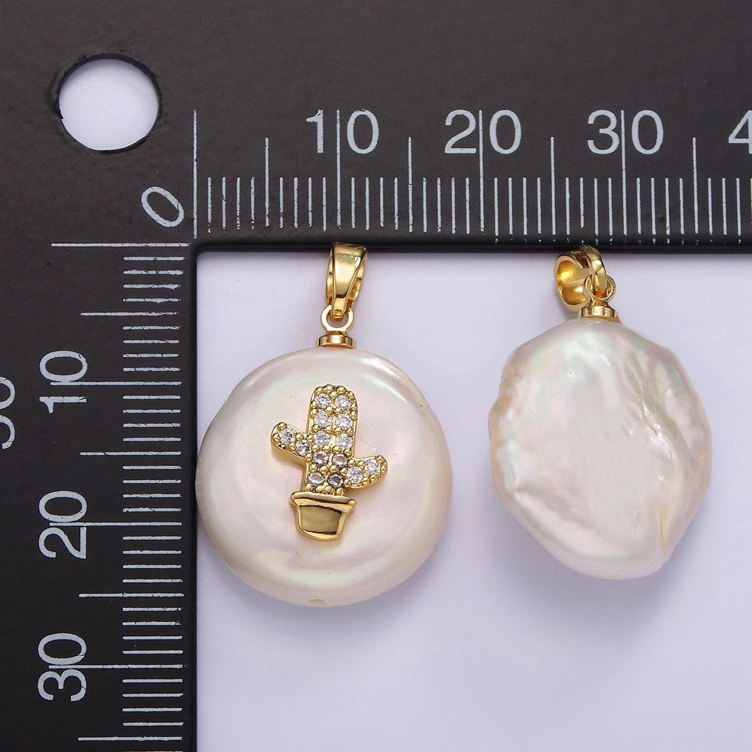 14k gold filled clear micro paved cz cactus plant freshwater pearl pendant | p1667