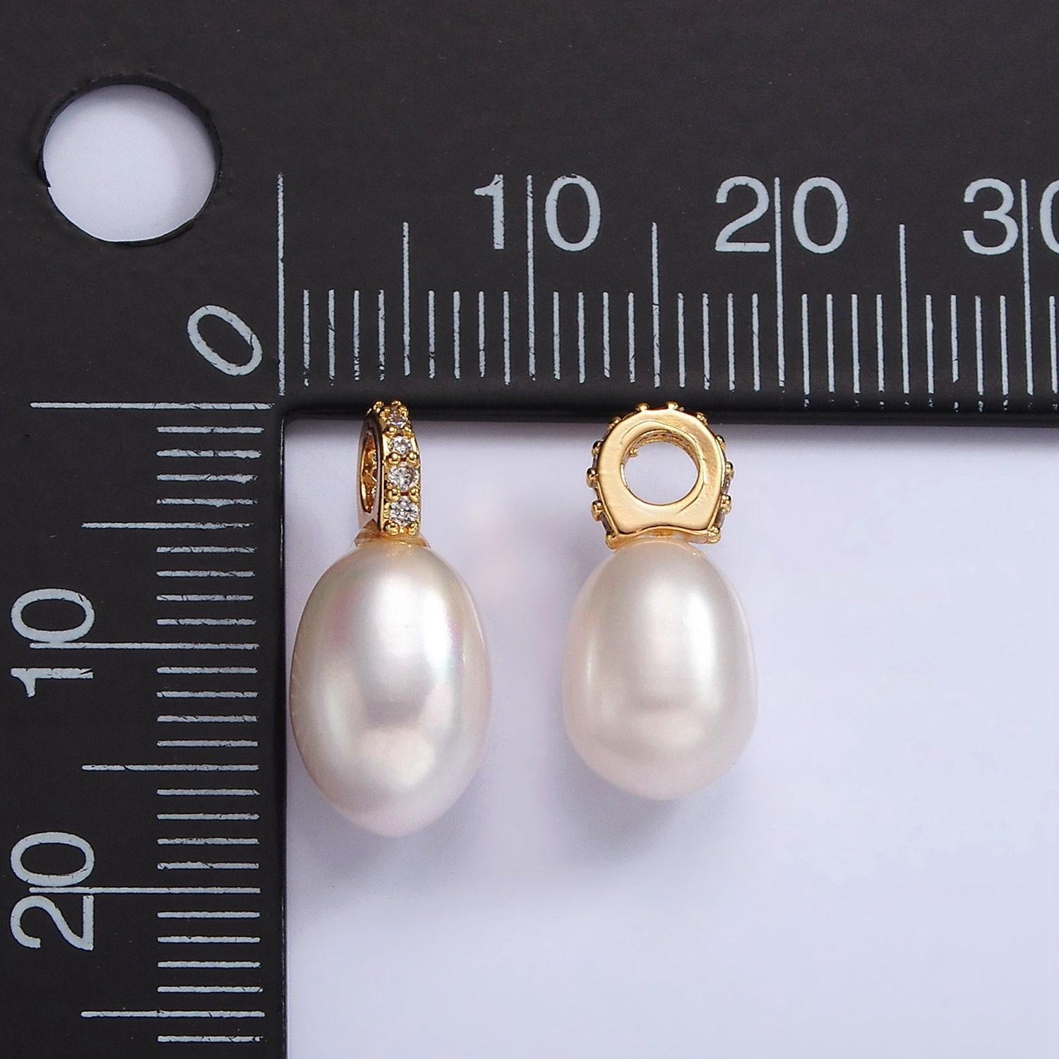 7.5mm pearl dangle pendant, oval pearl dangle cz bail charms, dainty pearl charms with 14k gold filled bail p1657