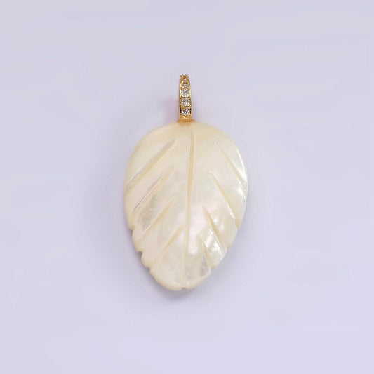 14k gold filled 30mm shell pearl leaf nature micro paved cz bail pendant | p-1653