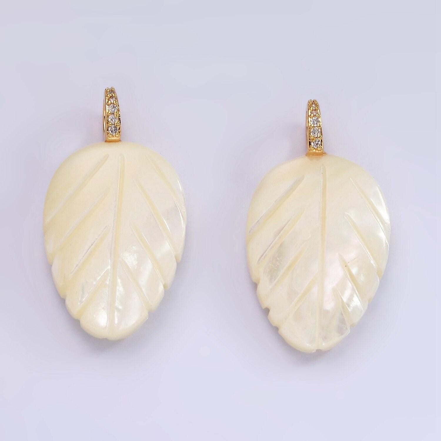 14k gold filled 30mm shell pearl leaf nature micro paved cz bail pendant | p-1653
