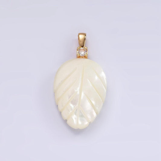 14k gold filled 35mm clear cz shell pearl nature leaf pendant | p-1652