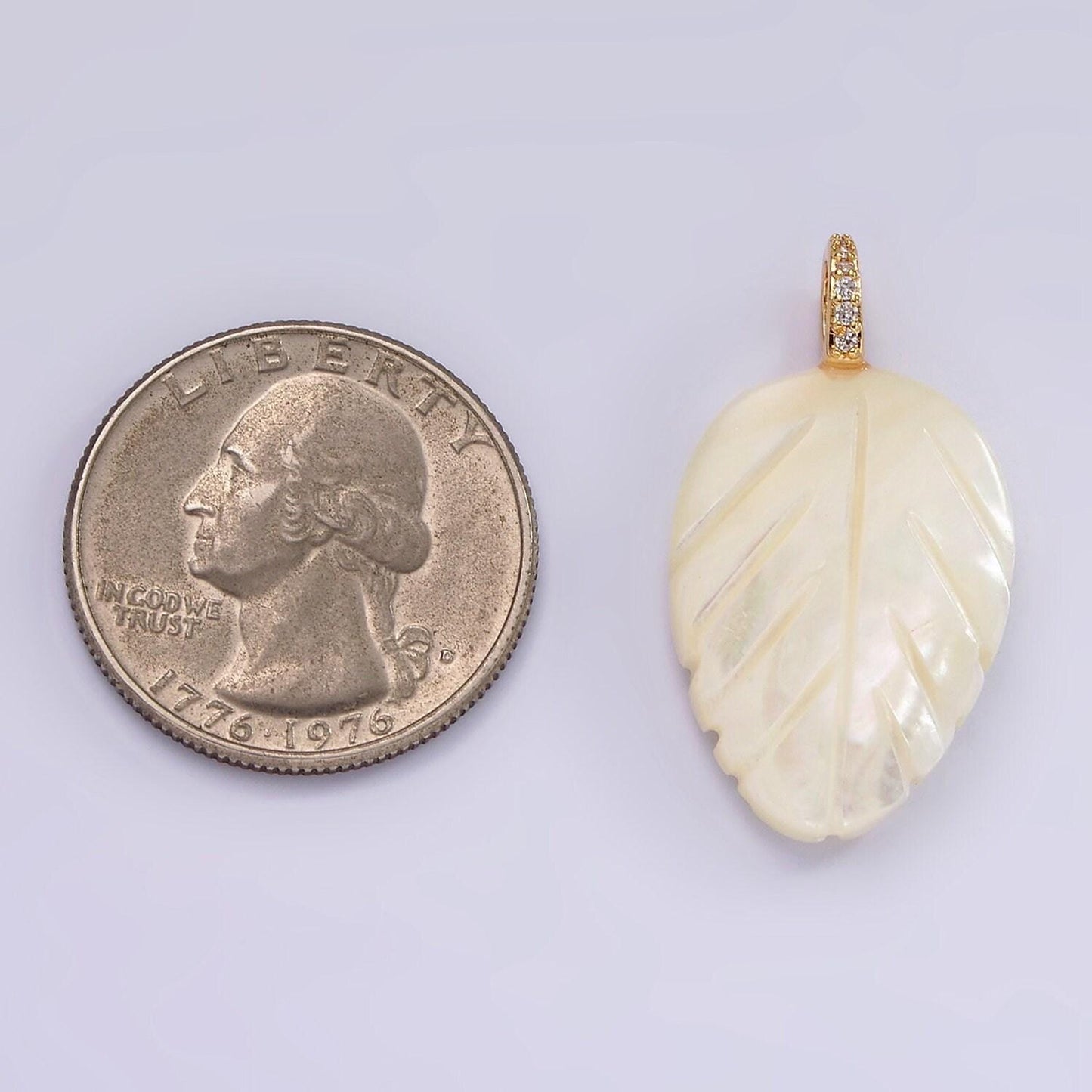 14k gold filled 30mm shell pearl leaf nature micro paved cz bail pendant | p-1653