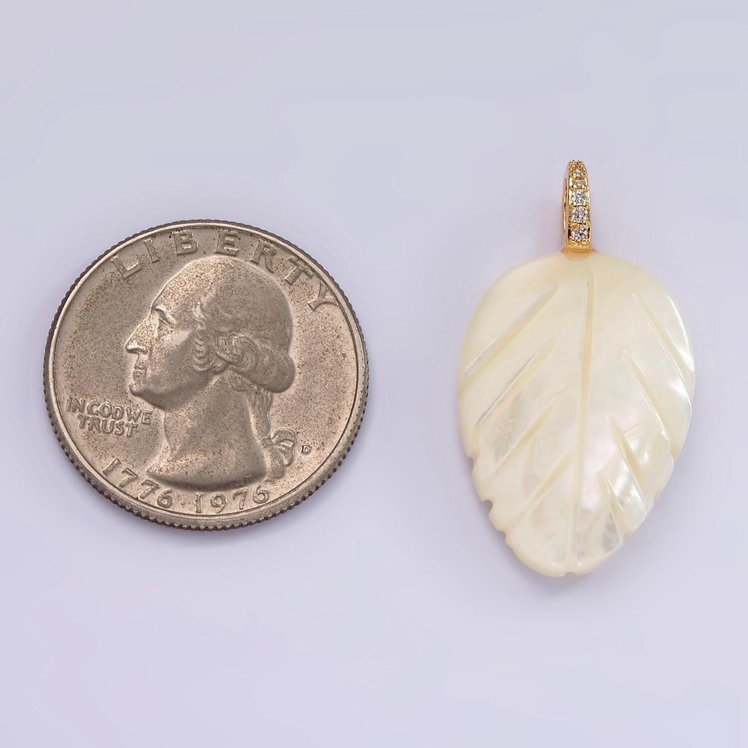 14k gold filled 30mm shell pearl leaf nature micro paved cz bail pendant | p-1653
