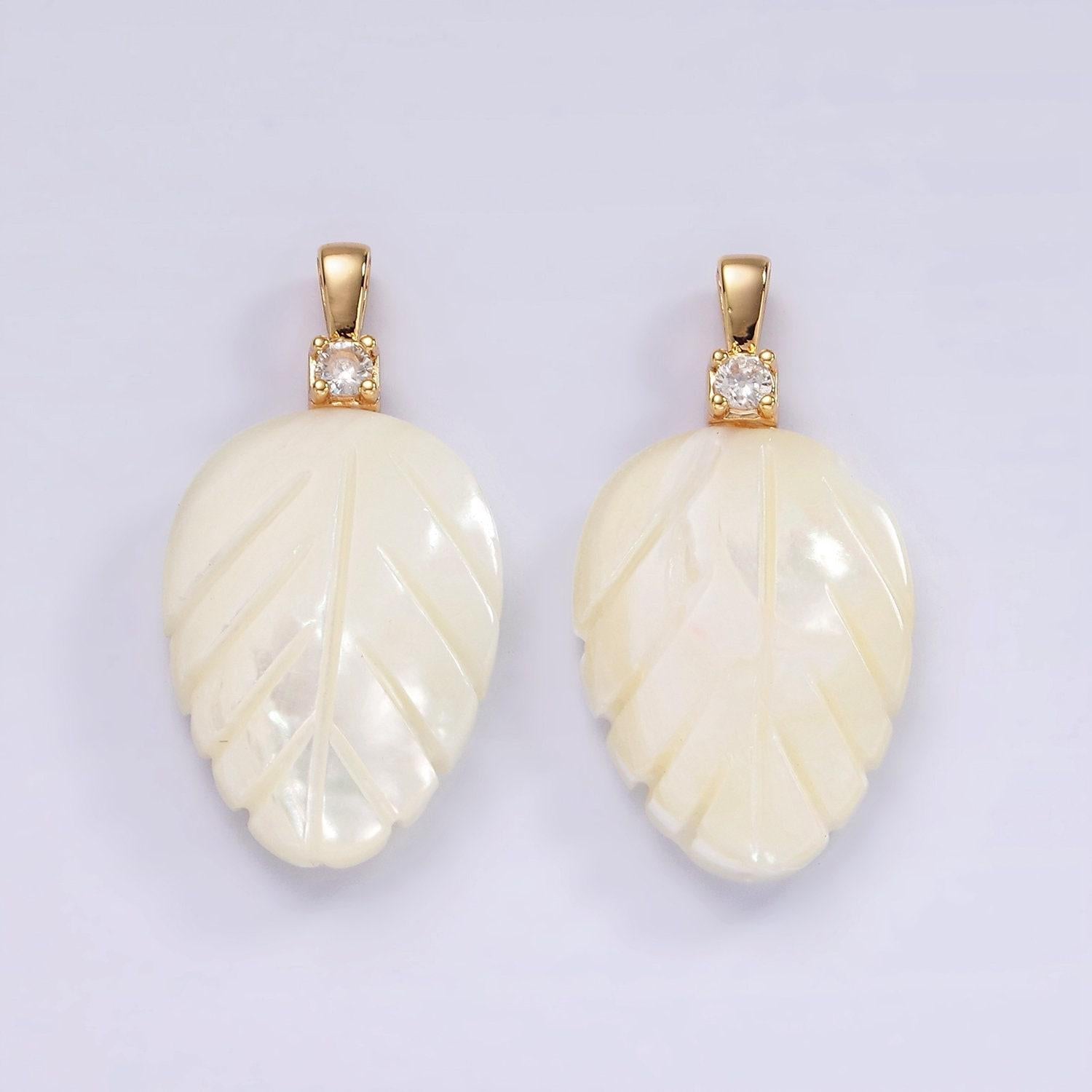 14k gold filled 35mm clear cz shell pearl nature leaf pendant | p-1652
