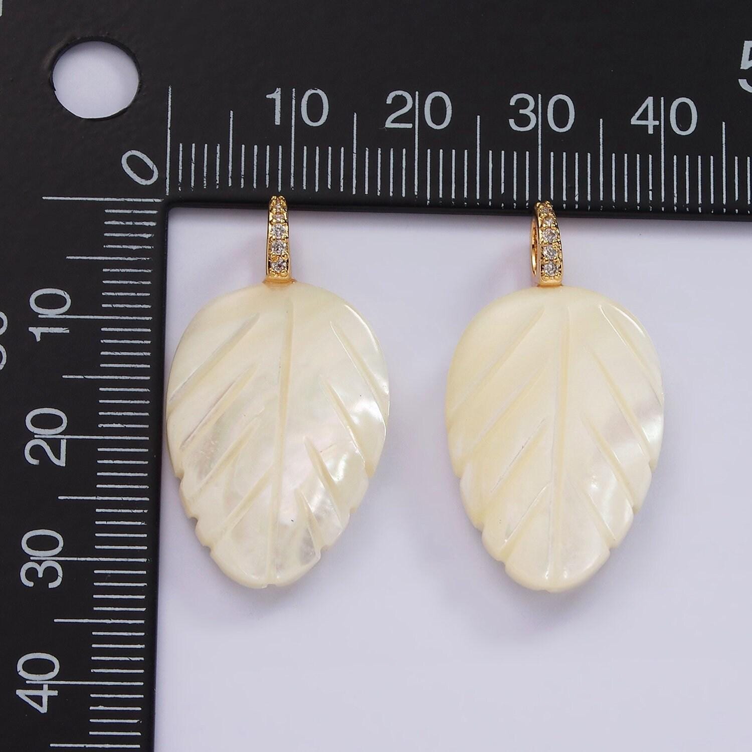 14k gold filled 30mm shell pearl leaf nature micro paved cz bail pendant | p-1653