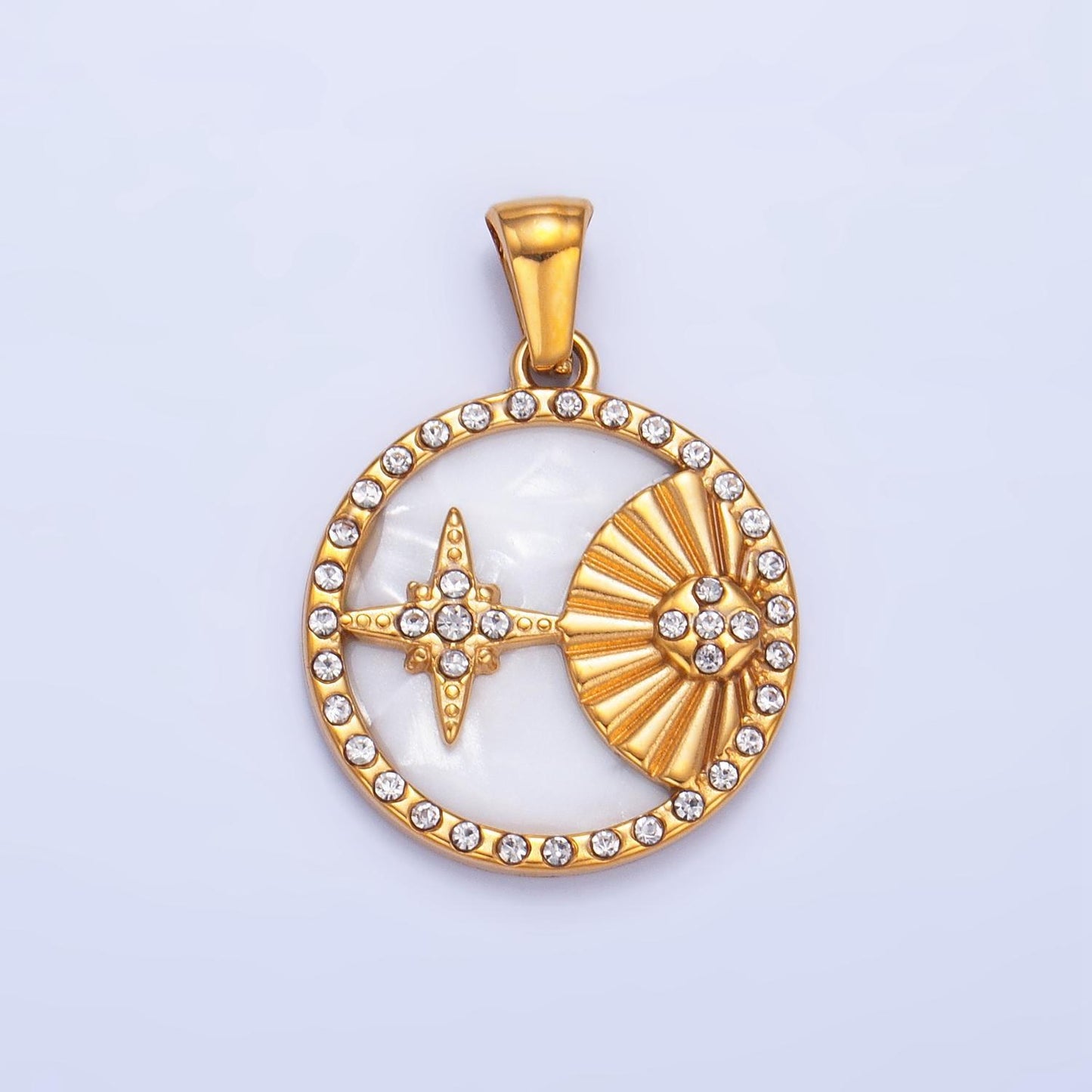 Dainty gold stainless steel oval pearl sun star charm with cz for celestial pendant| p-1541