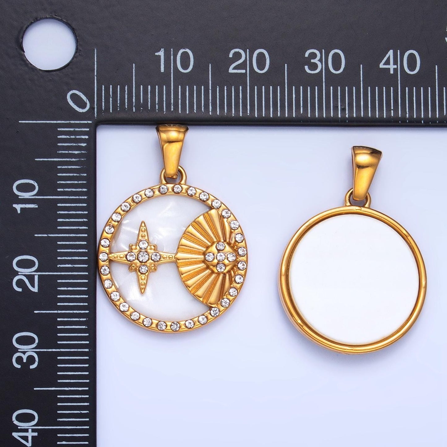 Dainty gold stainless steel oval pearl sun star charm with cz for celestial pendant| p-1541