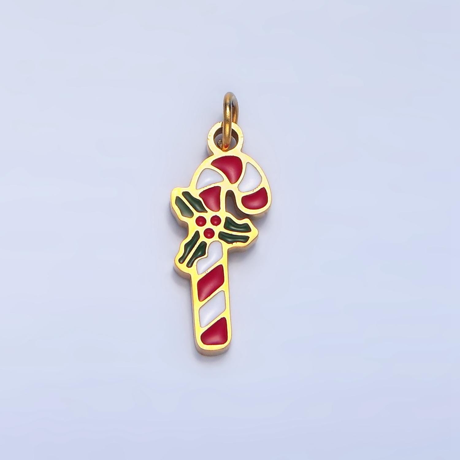 Enamel christmas holiday candy cane mistletoe stainless steel charm | p-1514