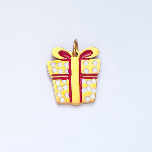 Enamel dotted christmas present stainless steel holiday charm | p-1511