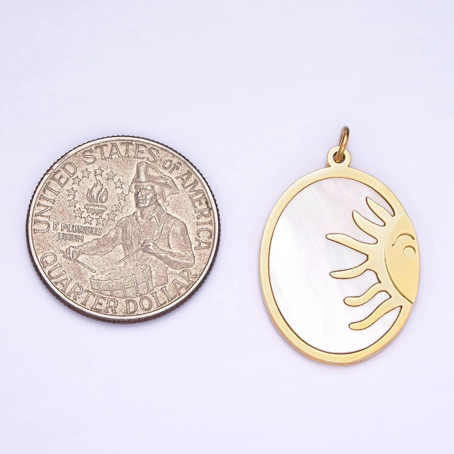 Dainty gold stainless steel oval pearl sun charm double sided pendant| p-1399
