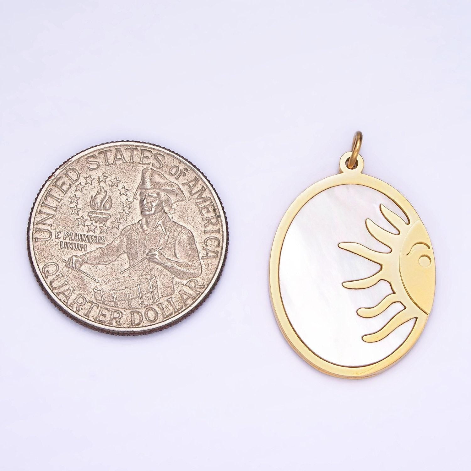 Dainty gold stainless steel oval pearl sun charm double sided pendant| p-1399