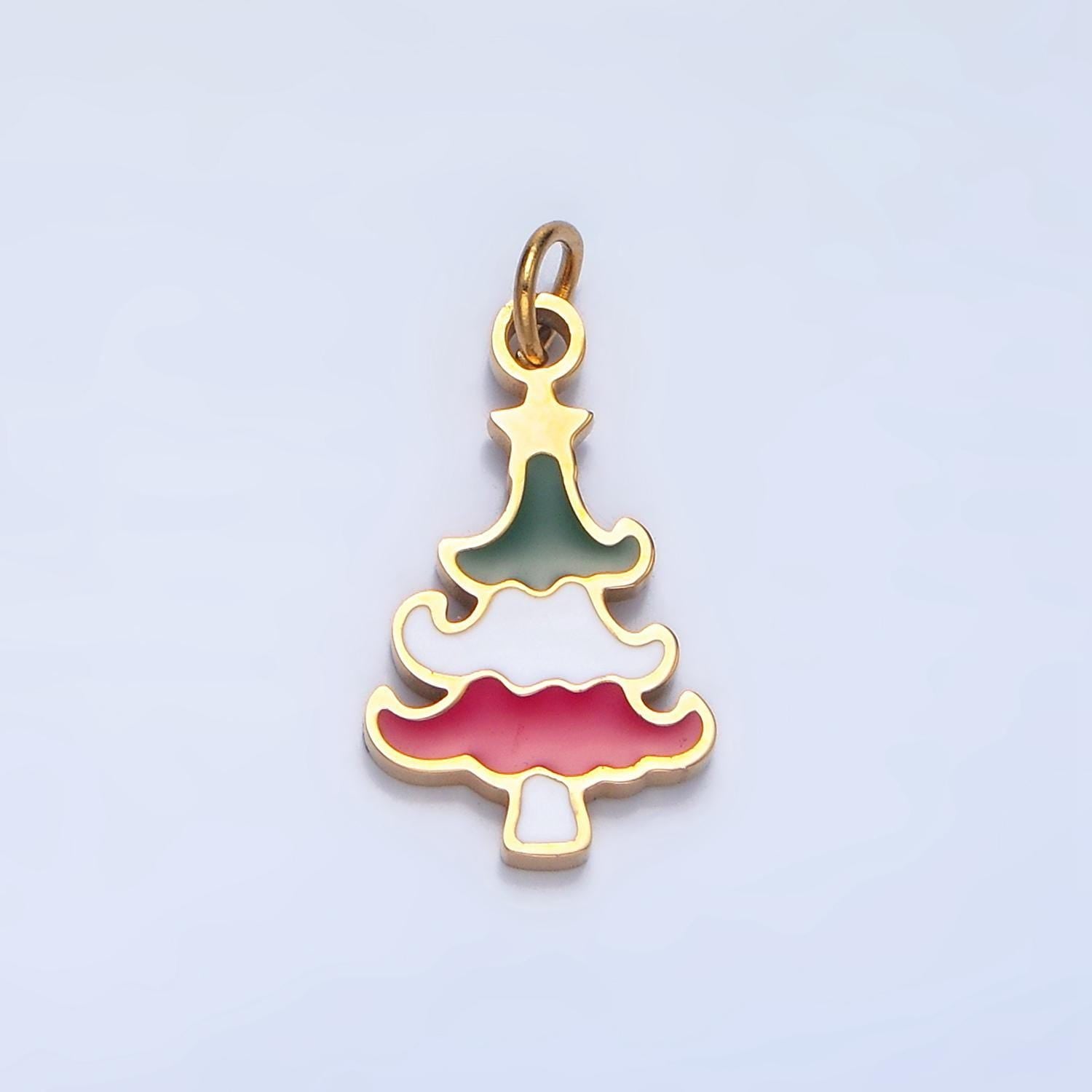 Enamel green white red multicolor christmas tree stainless steel holiday charm | p-1385
