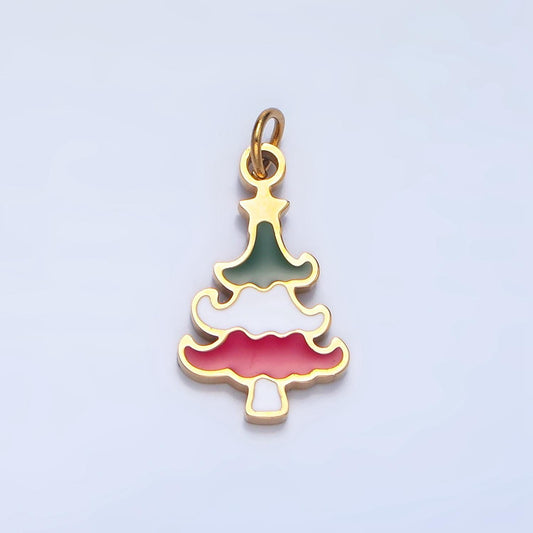 Enamel green white red multicolor christmas tree stainless steel holiday charm | p-1385