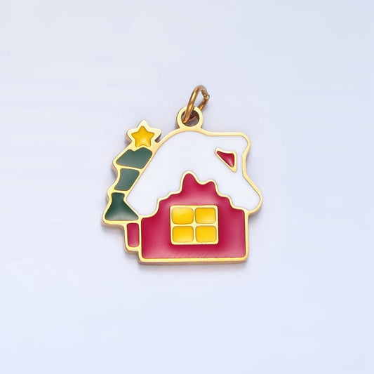 Enamel christmas tree snowy house stainless steel holiday charm | p-1374