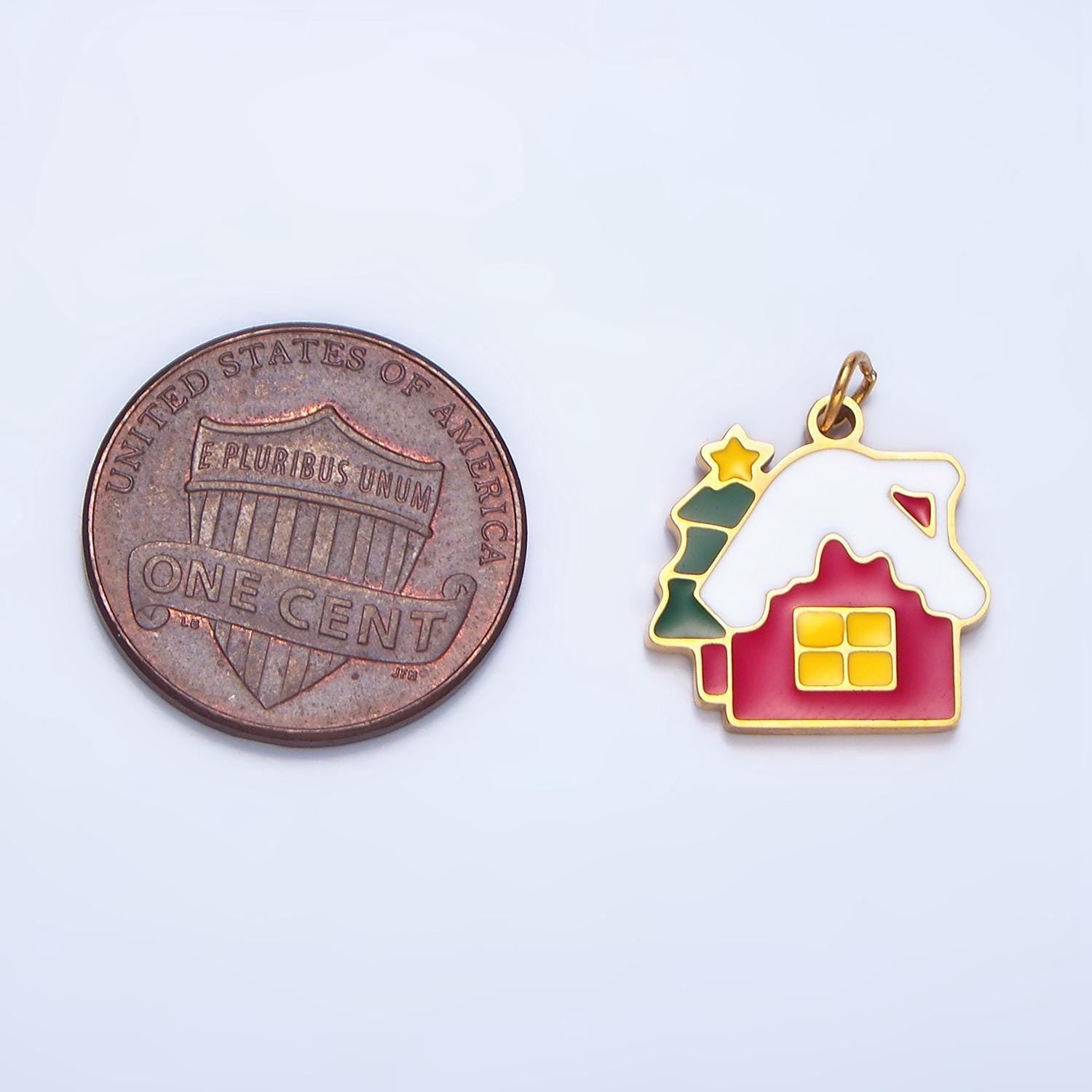 Enamel christmas tree snowy house stainless steel holiday charm | p-1374