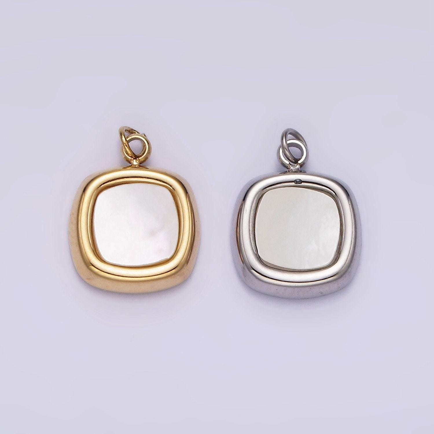 Stainless steel shell pearl square bezel charm in gold & silver | p1321
