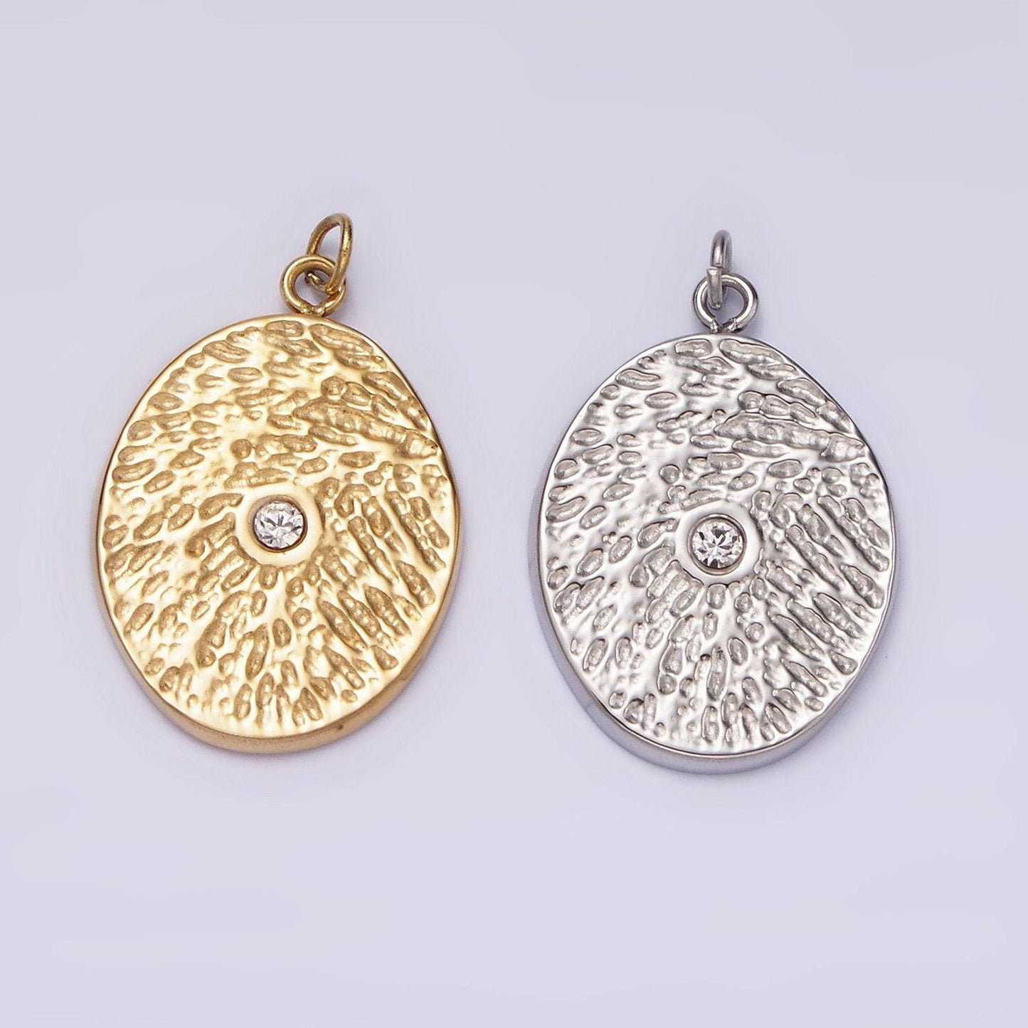 Stainless steel clear cz dented oval charm in gold & silver | p1310