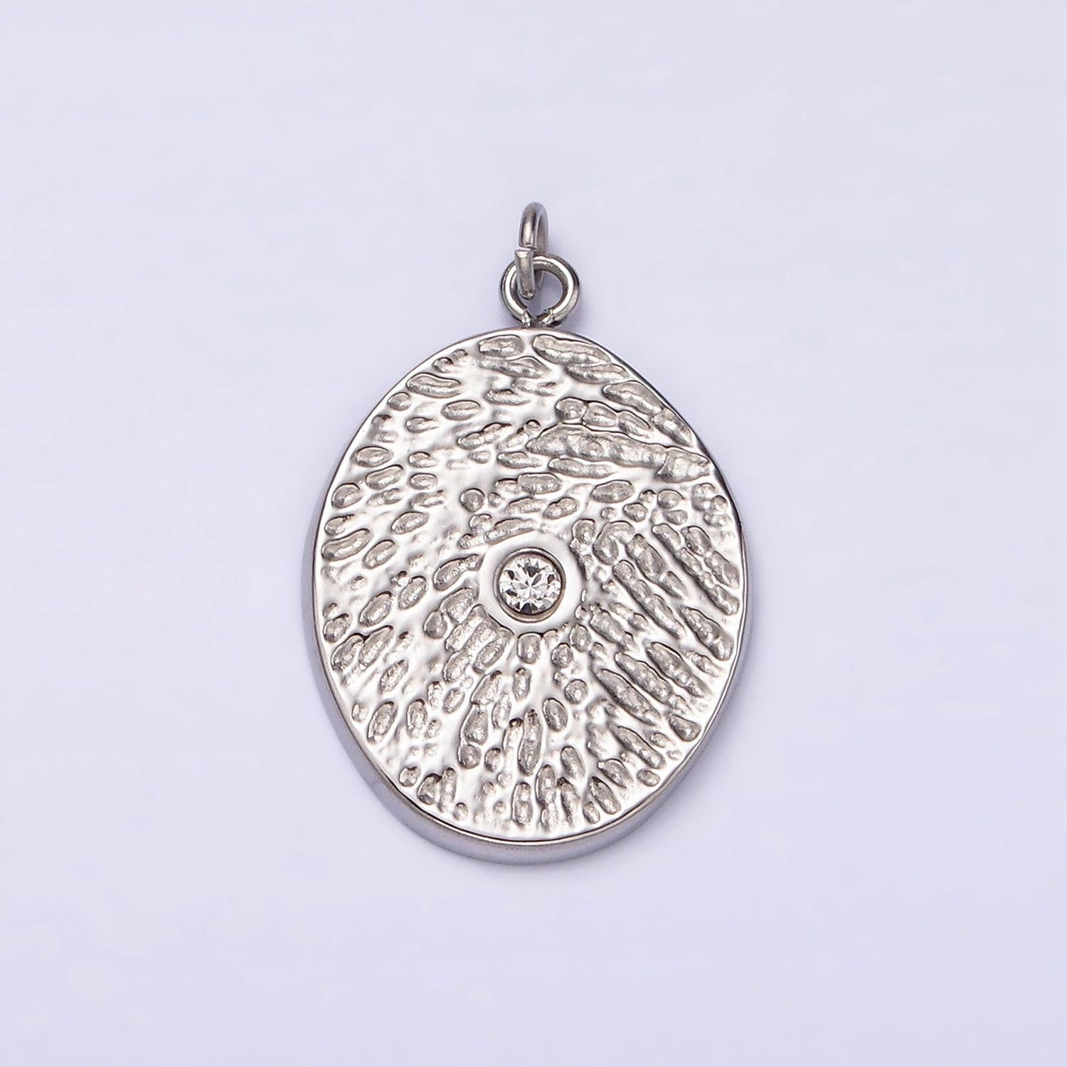 Stainless steel clear cz dented oval charm in gold & silver | p1310