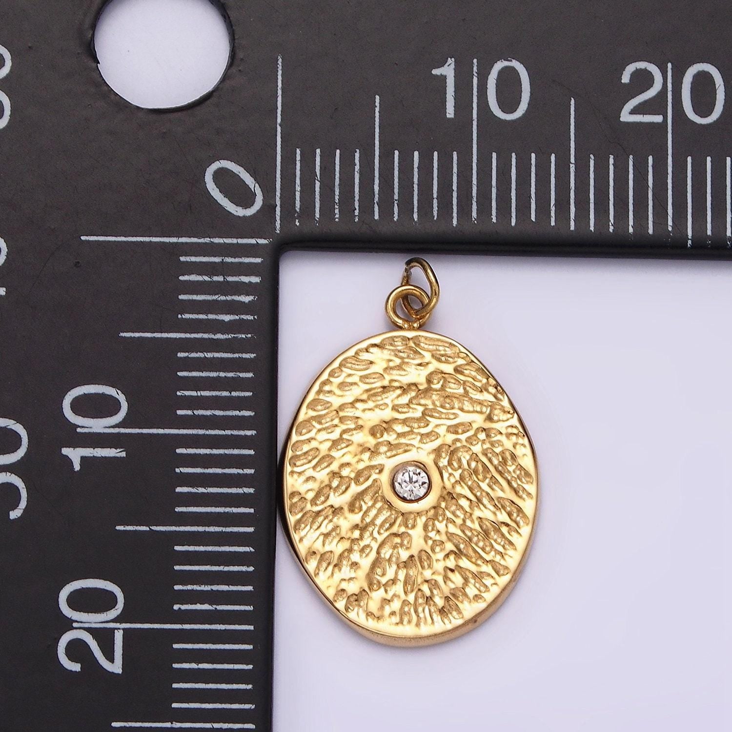 Stainless steel clear cz dented oval charm in gold & silver | p1310