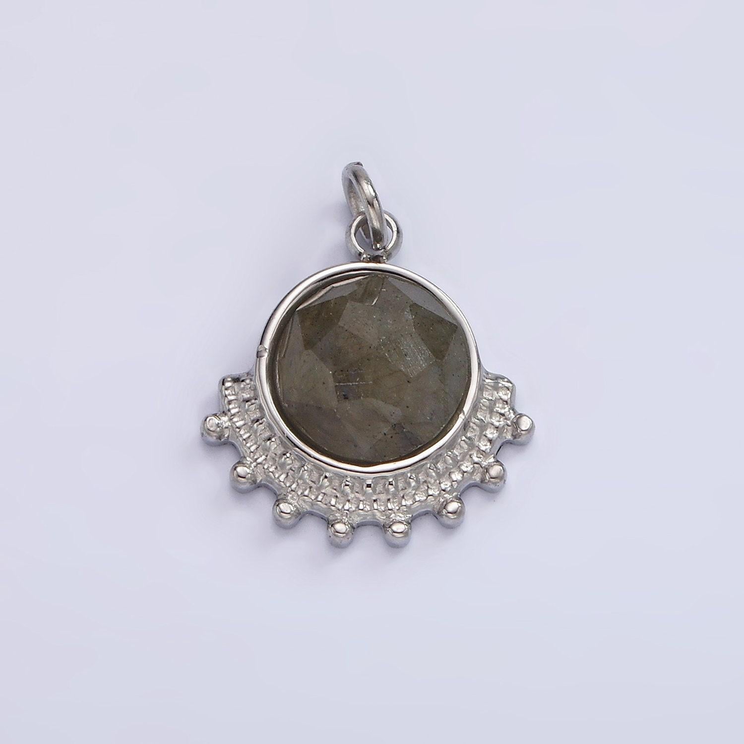Stainless steel brown labradorite round dotted outline artisan charm in gold & silver | p1306