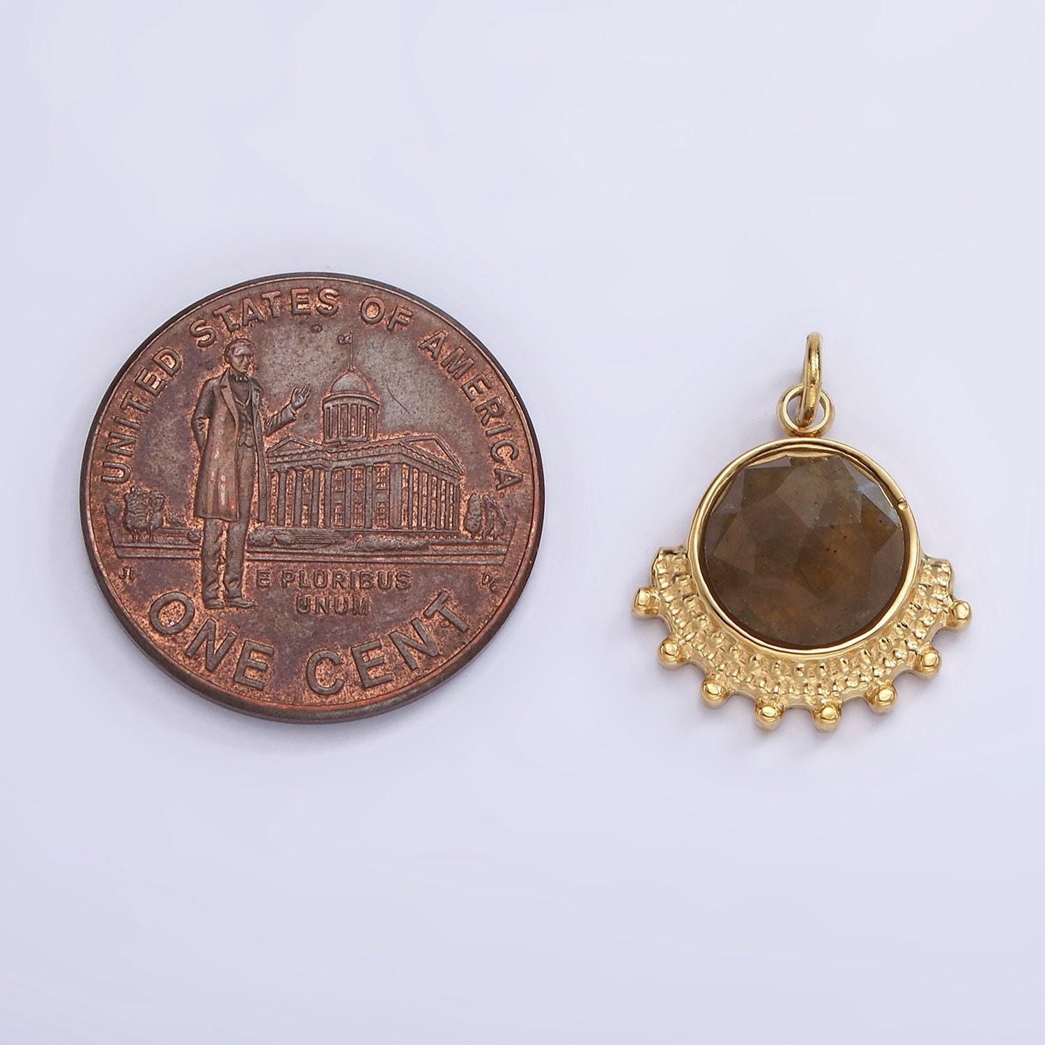 Stainless steel brown labradorite round dotted outline artisan charm in gold & silver | p1306