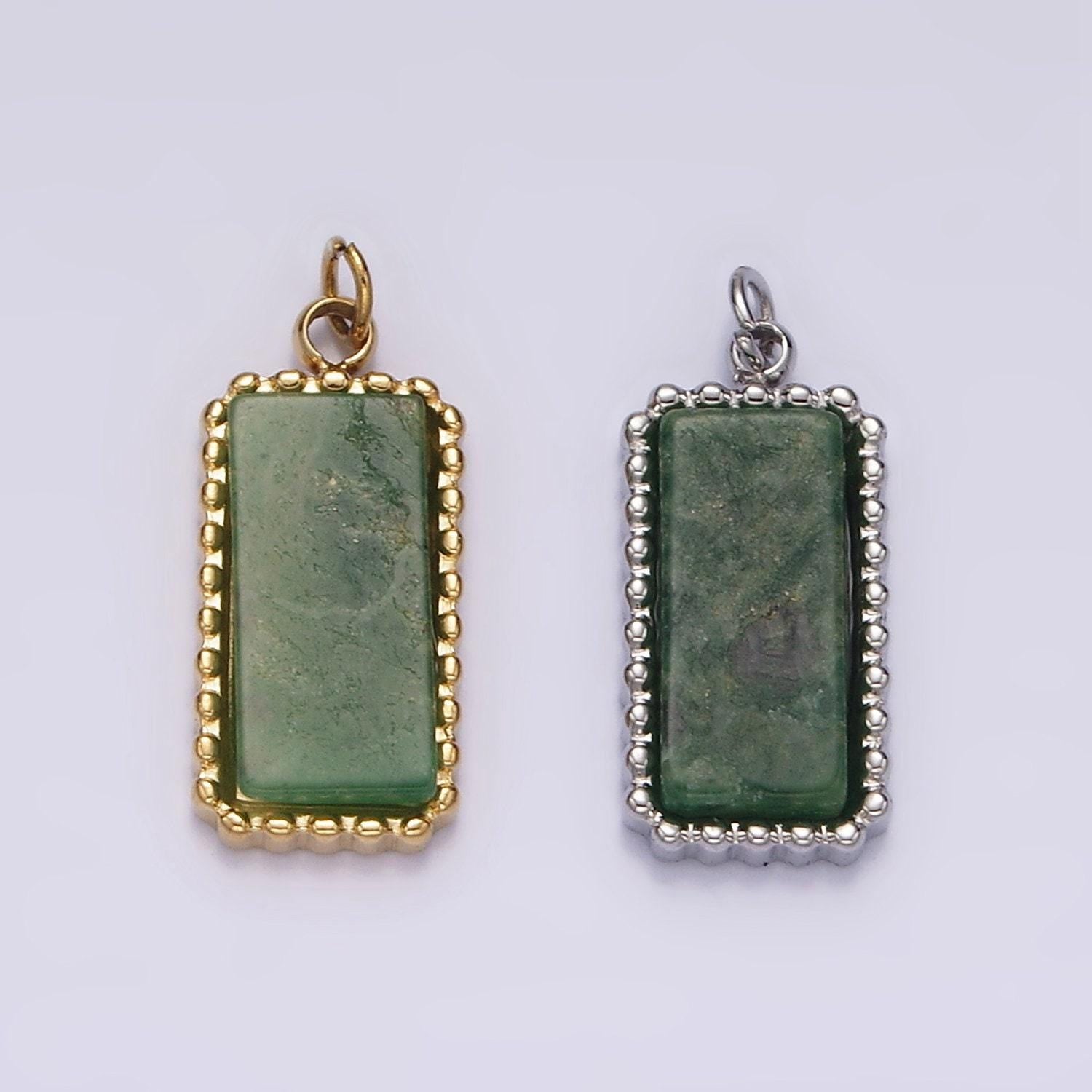 Stainless steel green aventurine dotted bezel rectangular tag charm in gold & silver | p1299