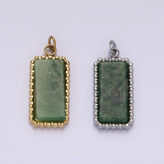 Stainless steel green aventurine dotted bezel rectangular tag charm in gold & silver | p1299